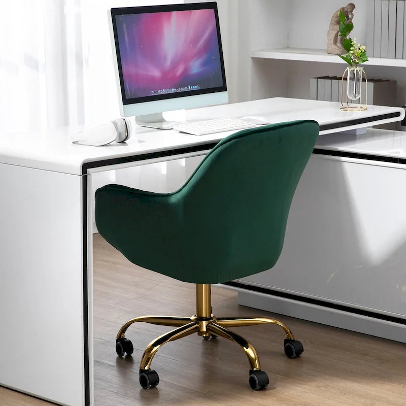 Fauteuil pivotant à dossier haut en velours avec hauteur réglable et piètement doré