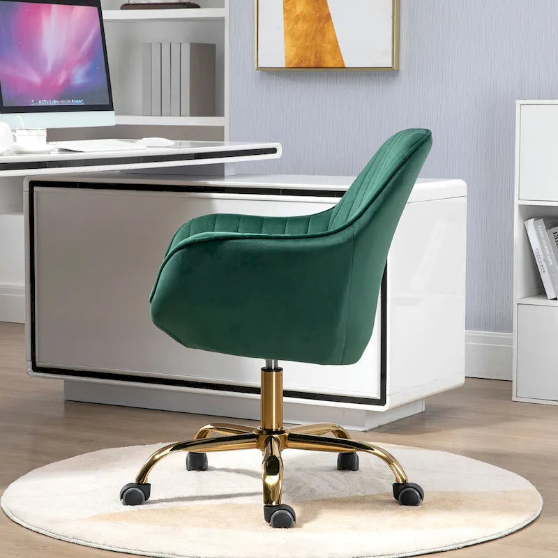Fauteuil pivotant à dossier haut en velours avec hauteur réglable et piètement doré
