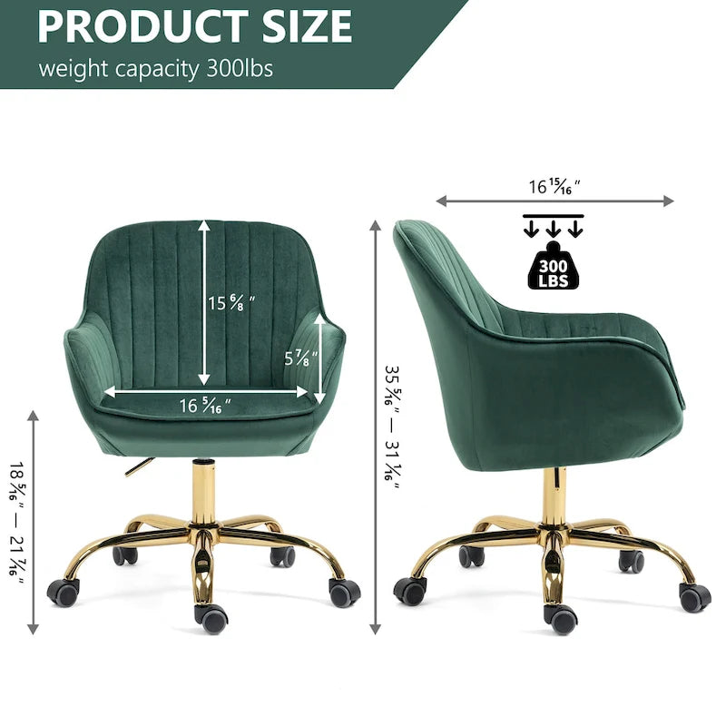 Fauteuil pivotant à dossier haut en velours avec hauteur réglable et piètement doré