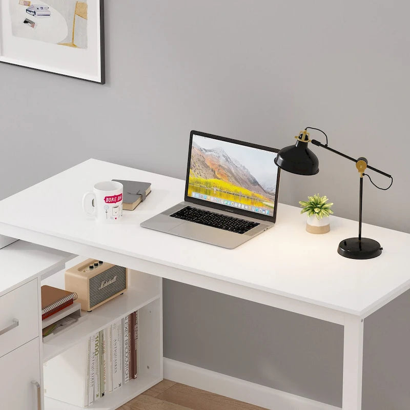 55-inch L Shaped Office Desk with Drawers & Cabinet, White