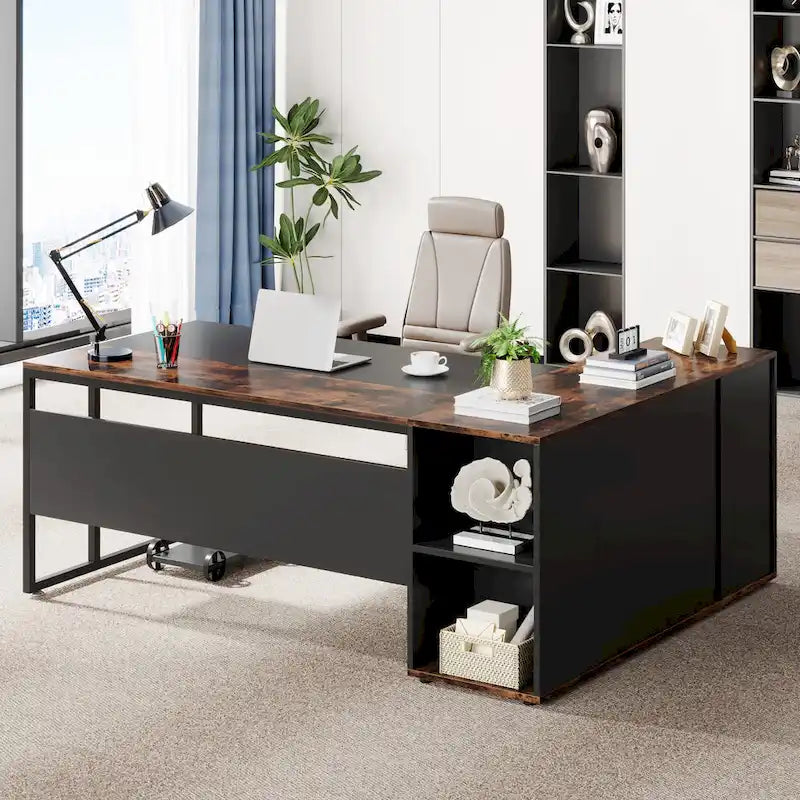 71 inch L Shaped Desk with Cabinet