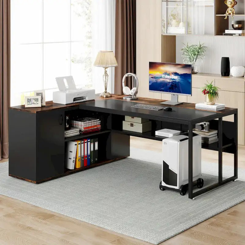 71 inch L Shaped Desk with Cabinet