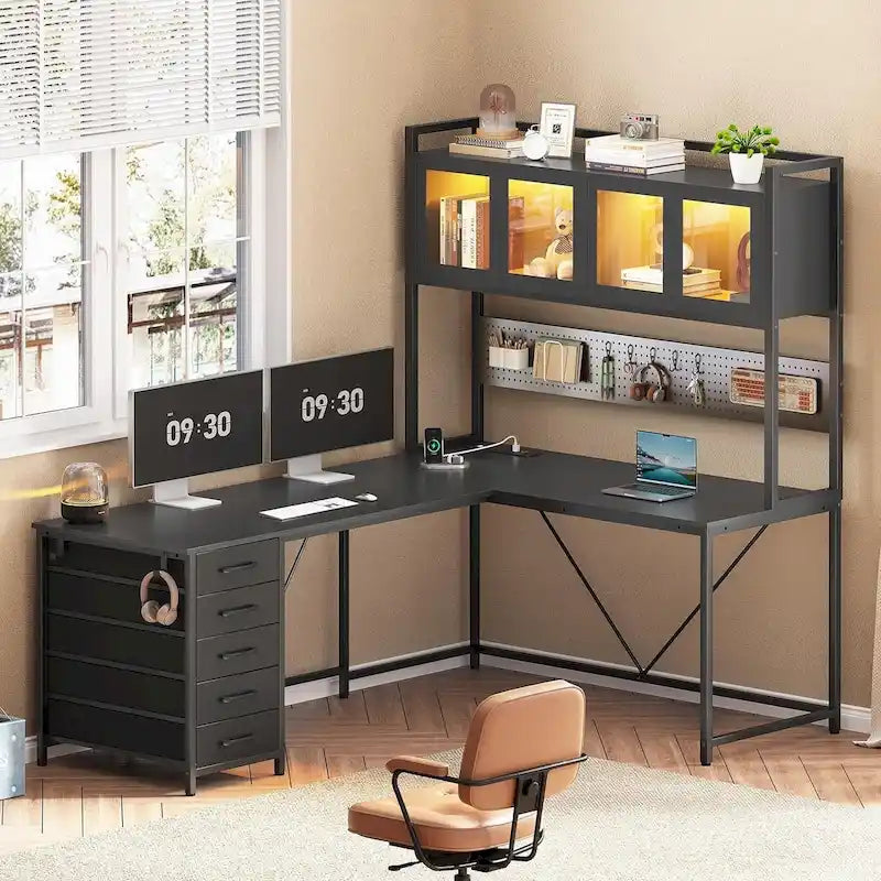 L-Shaped Gaming & Computer Desk with Pegboard, LED Lights, Drawers and Power Outlet