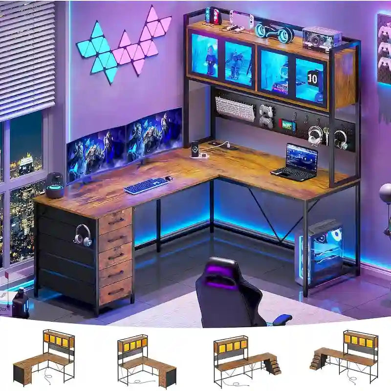 L-Shaped Gaming & Computer Desk with Pegboard, LED Lights, Drawers and Power Outlet