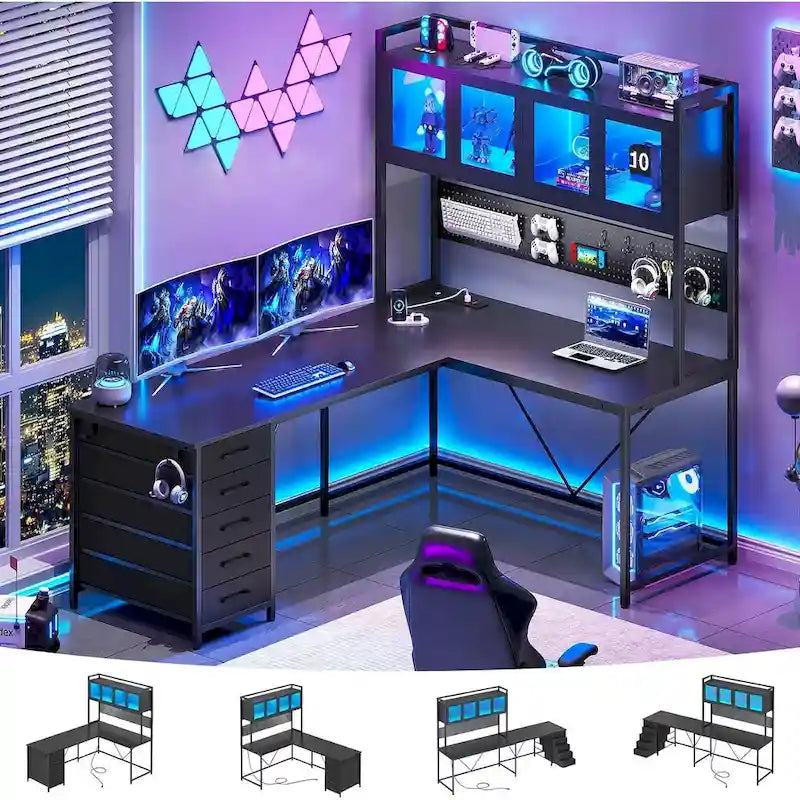 L-Shaped Gaming & Computer Desk with Pegboard, LED Lights, Drawers and Power Outlet