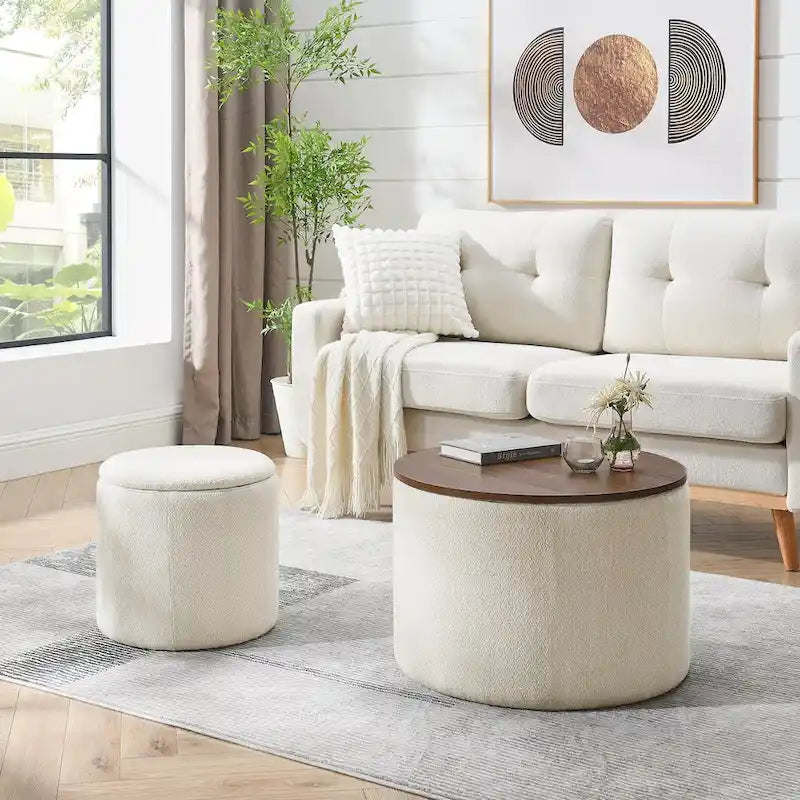 2-Piece Round Storage Ottoman Set with Drum-Shaped Footstool and MDF Desktop Panel