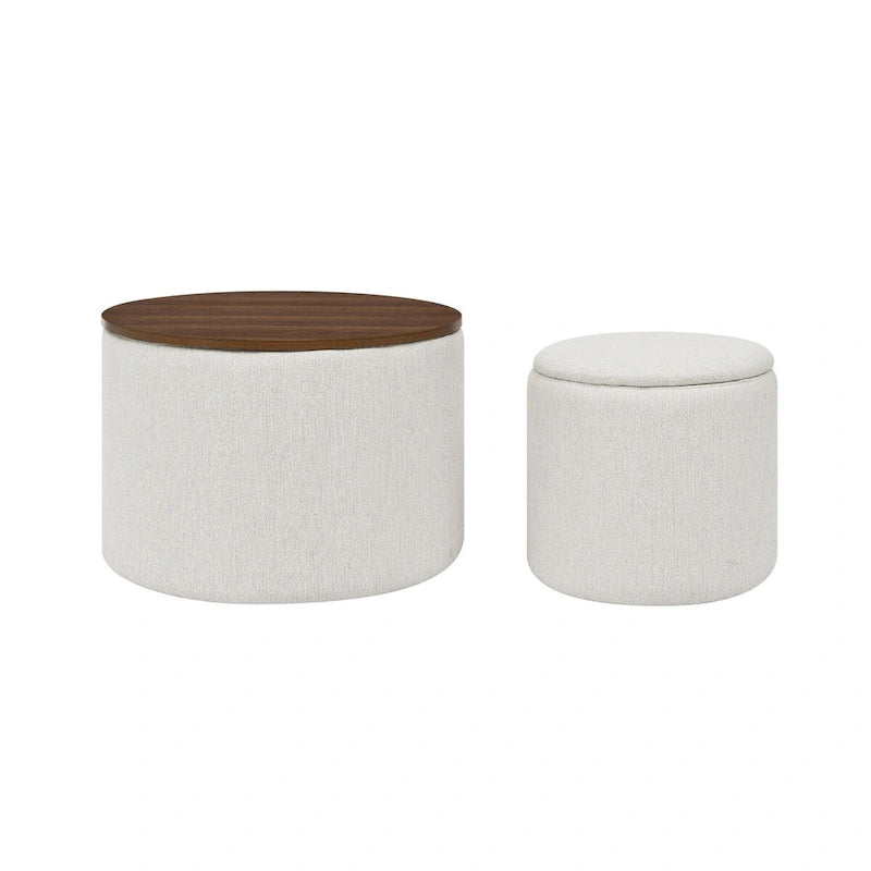 2-Piece Round Storage Ottoman Set with Drum-Shaped Footstool and MDF Desktop Panel