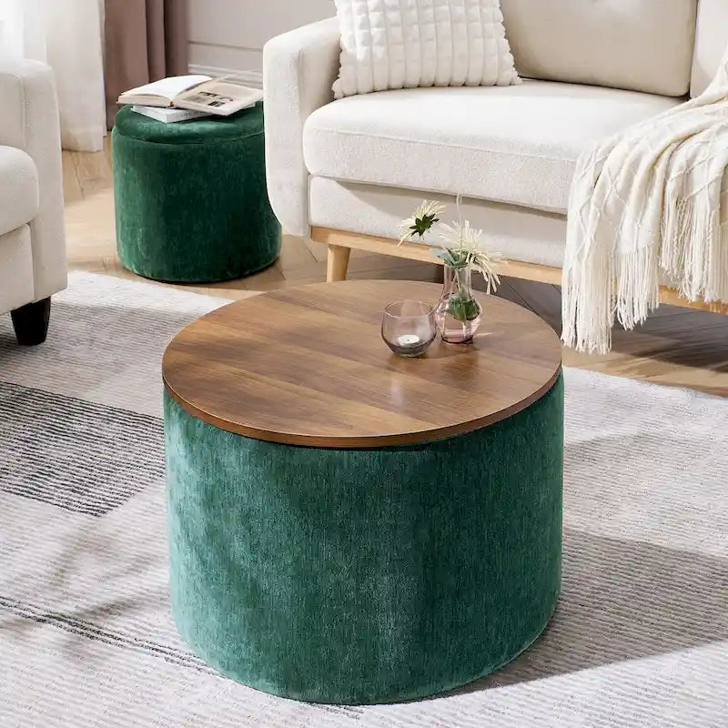 2-Piece Round Storage Ottoman Set with Drum-Shaped Footstool and MDF Desktop Panel