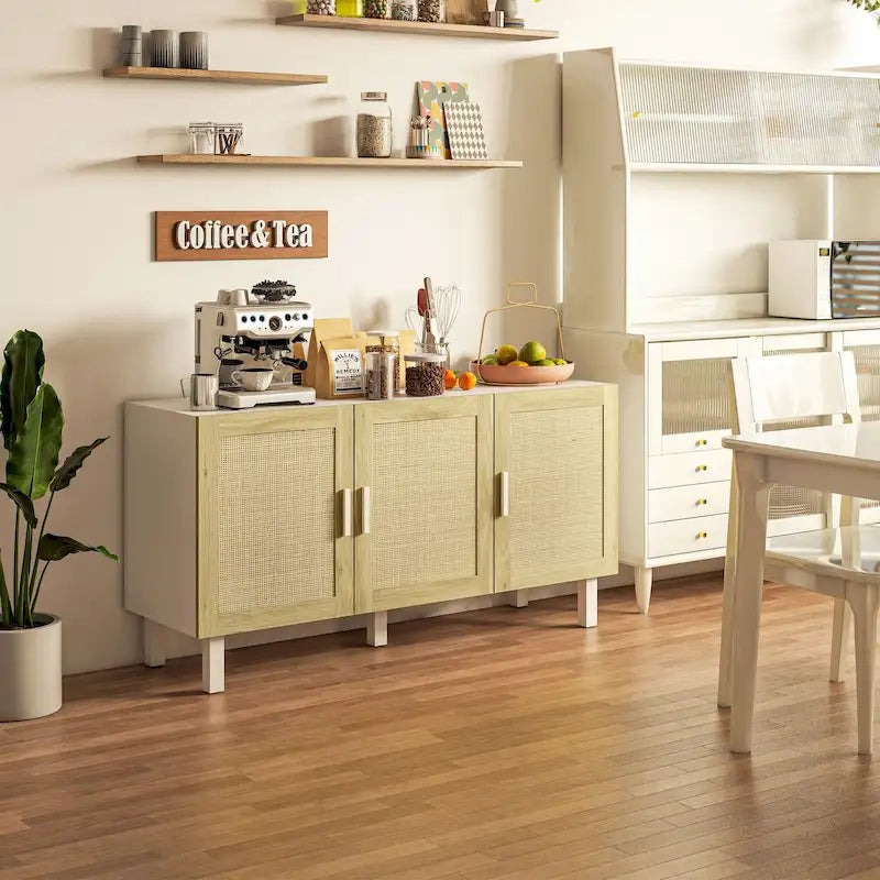 Buffet vaisselier avec 3 portes en rotin et étagères réglables